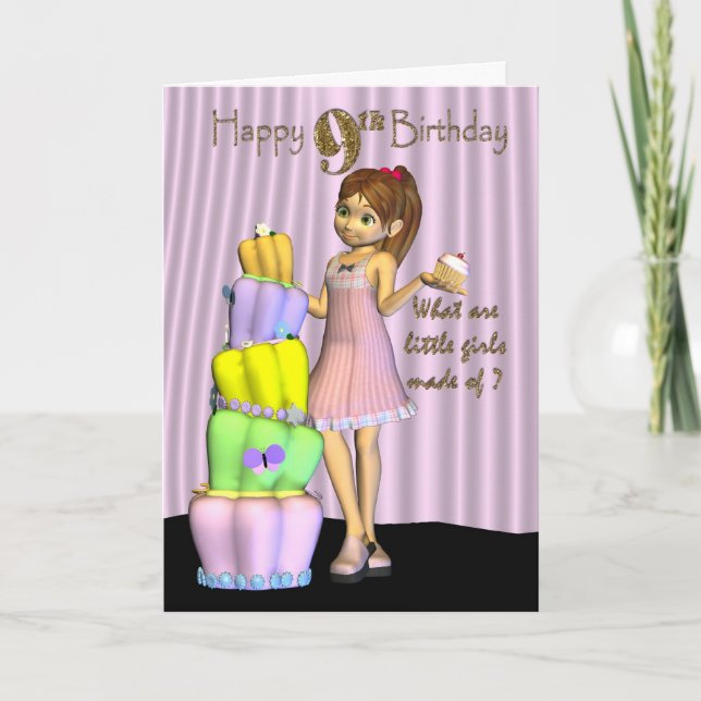 Cartão 9th Birthday, Happy Birthday Card little girl with (Frente)