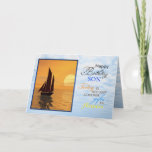 Cartão A birthday card fora son. A yacht sailing.<br><div class="desc">A birthday card to say how great the recipient is! A yacht sailing on a tranquil sea with a glorious orange sunset. See the whole range of invitations and cards in my store: http://www.zazzle.com/eggznbeenz.  All artwork copyright by Norma Cornes.</div>