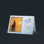 Cartão A birthday card fora son. A yacht sailing.<br><div class="desc">A birthday card to say how great the recipient is! A yacht sailing on a tranquil sea with a glorious orange sunset. See the whole range of invitations and cards in my store: http://www.zazzle.com/eggznbeenz.  All artwork copyright by Norma Cornes.</div>