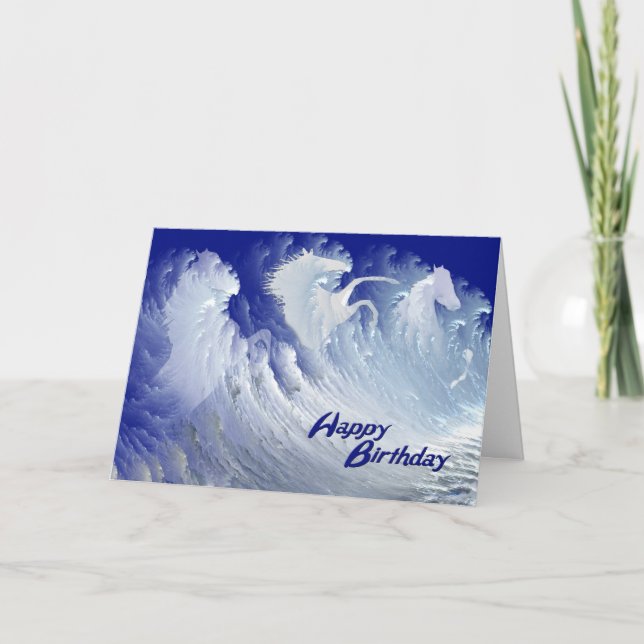Cartão A birthday card with wild white surf horses (Frente)