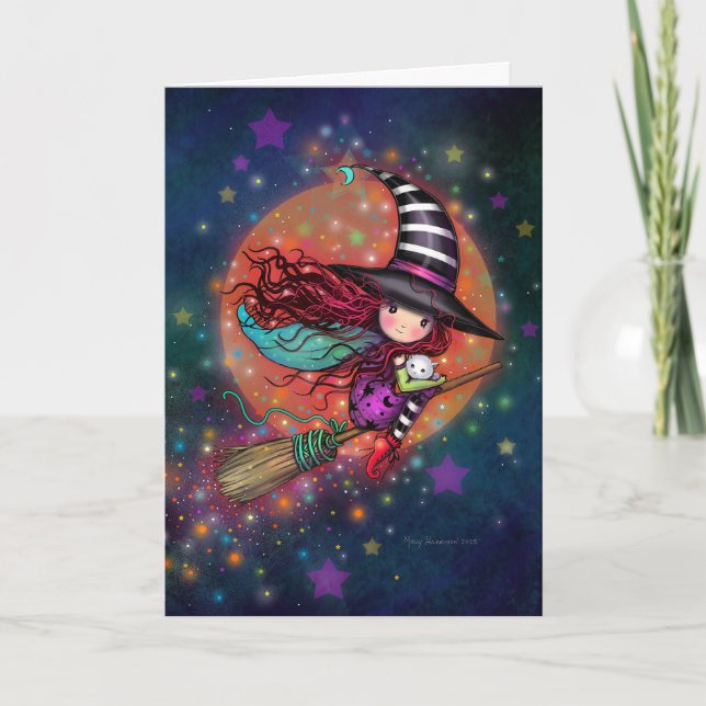Cartão A Bruxa Pequena na Broom com seu Gato (Frente)