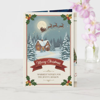 Cartão A Christmas card with snowy scenes, festive text,