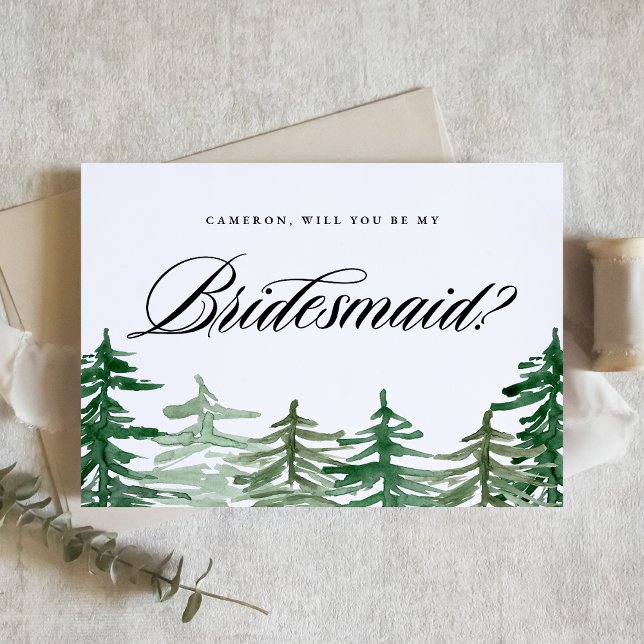 Cartão A Floresta De Aquarela Será Minha Porta-Pontas (Customizable woodland Will You Be My Bridesmaid card featuring watercolor enchanted forest.)