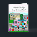 Cartão A Hot Summer Day | A Whimsical Illustration<br><div class="desc">Happy Birthday Personalized card. An illustration to provoke that nostalgic feeling of a hot summer day in your youth. That moment when you hear the music of the ice cream truck and run to beg your mom for a couple quarters. Whimsical cartoon style illustration of little kids having a fun...</div>