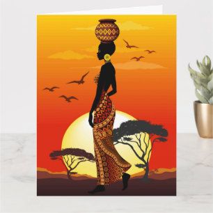 Cartão A linda mulher africana Silhouette sobre os sóis a