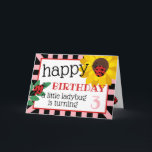 Cartão A Little Ladybug Happy Birthday<br><div class="desc">Birthday greeting card for a little ladybug! Inside a frame of pink and black stripes, happy birthday written in fun fonts along with "a little ladybug is turning [age]." Add the age in pale pink. The cute birthday card has two ladybugs: one sitting on a green twig of leaves, the...</div>