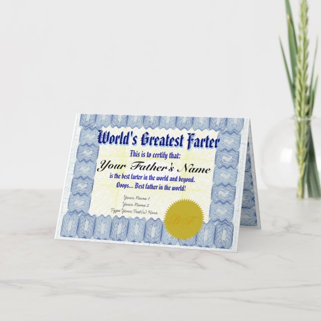 Cartão A maior Brincadeira do pai do certificado do mundo (Frente)