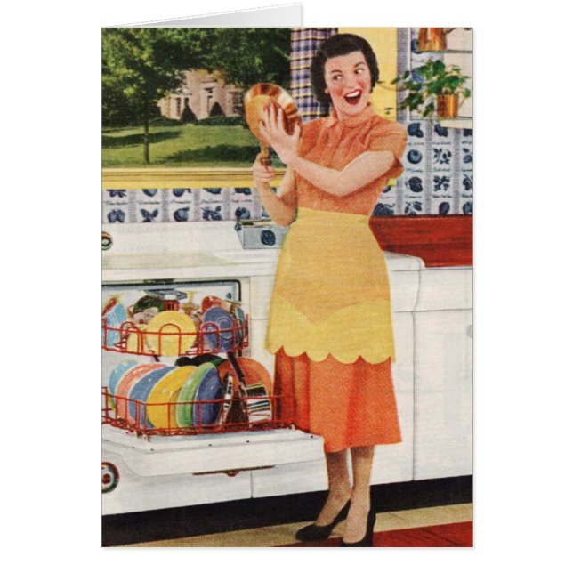 Cartão A mamã retro quer a ajuda com os pratos, (Frente)