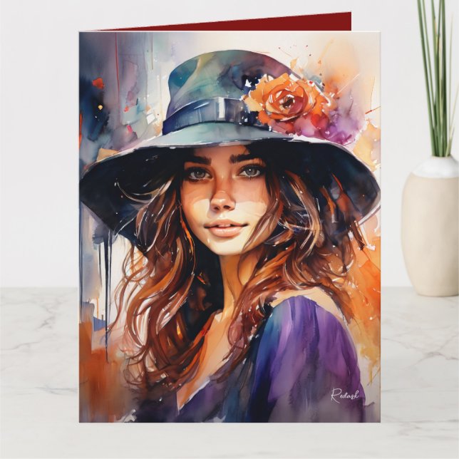 Cartão A Mulher no Chapéu: Retrato da Graça Vibrante (Frente)