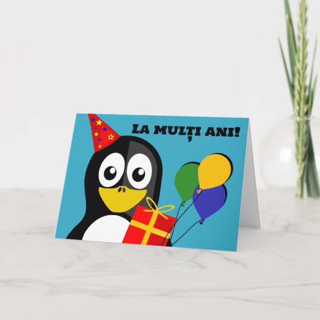 Cartão A multiani! Feliz aniversário no pinguim romeno (Frente)