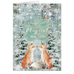 Cartão a neve do inverno do feliz ano novo foxes o cartã