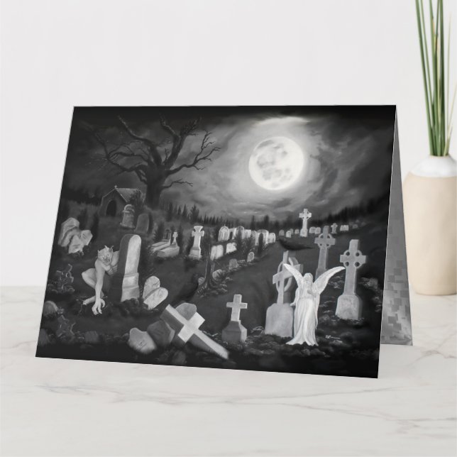 Cartão À noite no cemitério - Anjo com o Diabo (Frente)