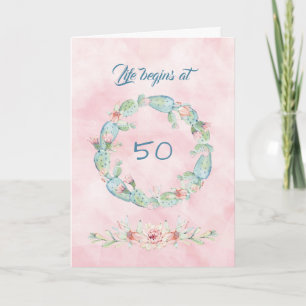 Cartão A vida começa em 50 Watercolor Cactus