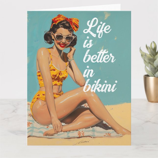 Cartão A vida é melhor em bicicleta, estilo retrô, garota (Planta pequena)