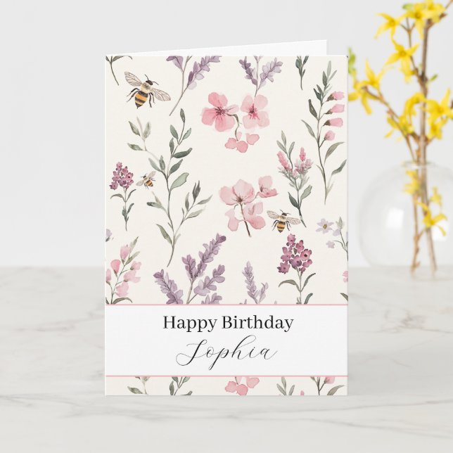 Cartão Abejas Flores Lavanda Rosa Aniversário (Flor Amarela)