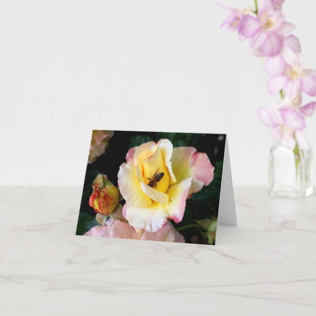 Cartão Abelha nas flores amarelas cor-de-rosa (Orquídea)