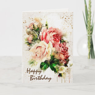 Cartão Abençoações de Aniversário Rosas Vintage Inspiraçã