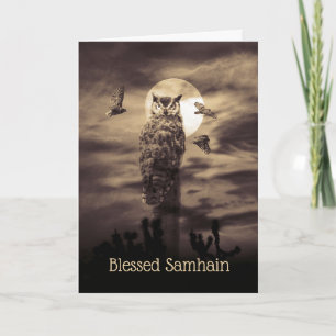 Cartão Abençoado Samhain com Coruja e Poem