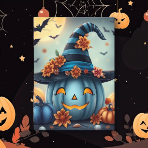 Cartão Abóbora azul de Halloween Jack-o-lantern