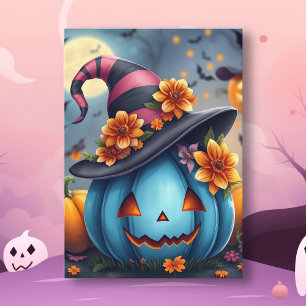 Cartão Abóbora de Halloween Azul Bonita Jack-o-lantern