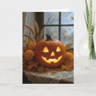 Cartão Abóbora de Halloween nas Flores de Outono
