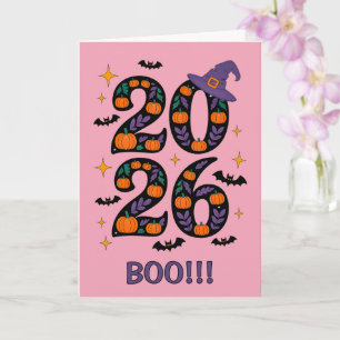Cartão Abóbora de Halloween Rosa 2026 Bruxa Chapéu Assust