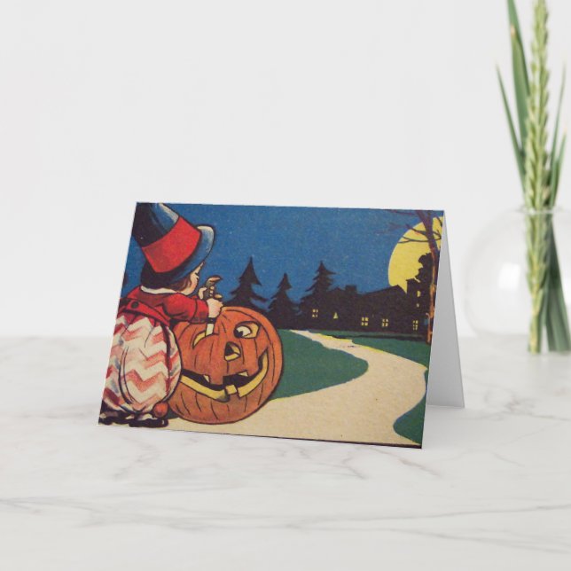Cartão Abóbora de lua cheia com bruxa Jack O Lantern (Frente)