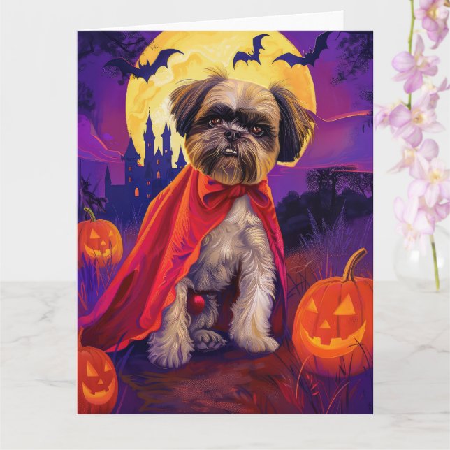 Cartão Abóbora de Vampiro Assustador de Lhasa Apso no Hal (Orquídea)