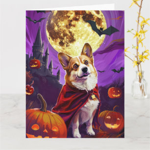 Cartão Abóbora de Vampiro Corgi no Halloween Assustador