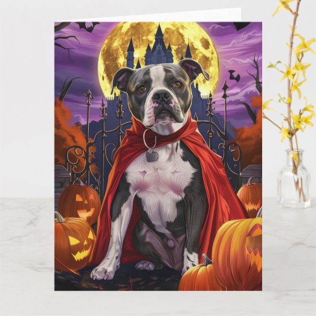 Cartão Abóbora de vampiro Pitbull do Halloween Assustador (Flor Amarela)