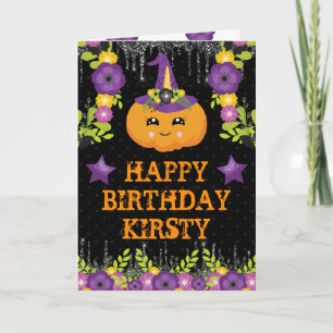 Cartão Abóbora Floral de Halloween Fofo Aniversário Feliz