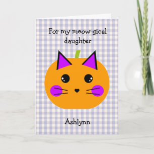 Cartão Abóbora Gato Xadrez Roxo Halloween Filha