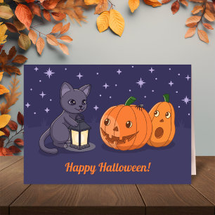 Cartão Abóbora Lanterna de Gato Preto no Halloween Roxo