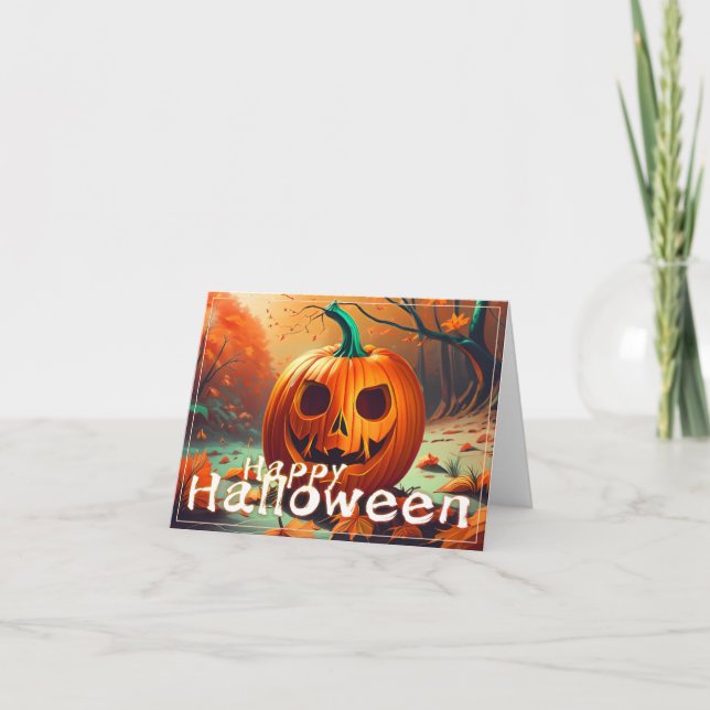 Cartão Abóbora Laranja Assustadora com Rosto, Halloween (Frente)
