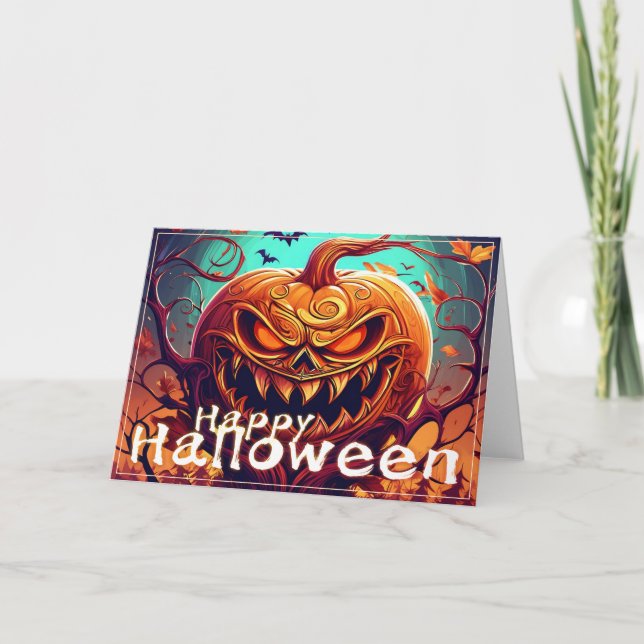 Cartão Abóbora Laranja Assustadora com Rosto, Halloween (Frente)