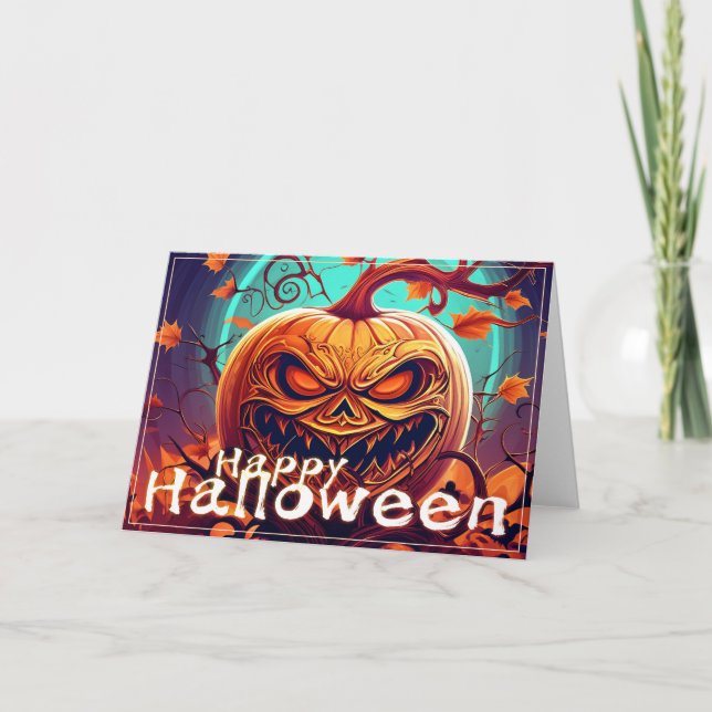 Cartão Abóbora Laranja Assustadora com Rosto, Halloween (Frente)