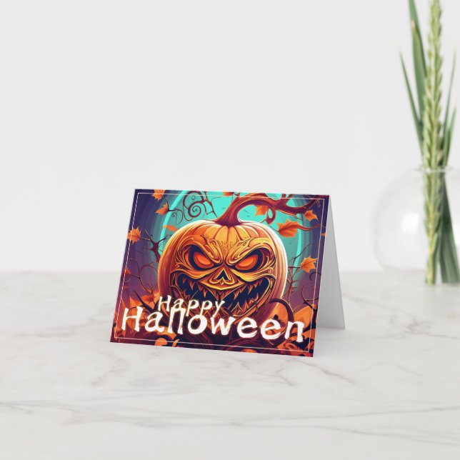 Cartão Abóbora Laranja Assustadora com Rosto, Halloween (Frente)