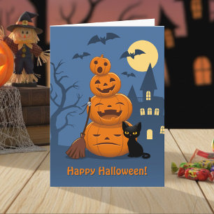Cartão Abóboras de Halloween e Gato Preto
