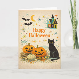 Cartão Abóboras Laranja de Meados do Século Halloween