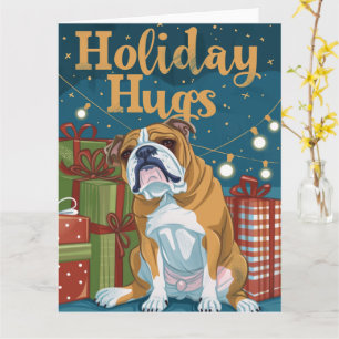 Cartão Abraços de Natal com Luzes do Bulldog Inglês