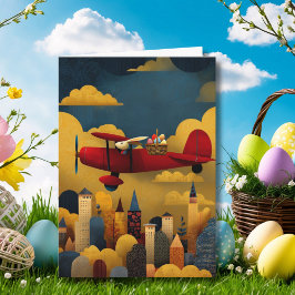 Cartão Abstract Bunny Flies Airplane Clouds Custom Easter
