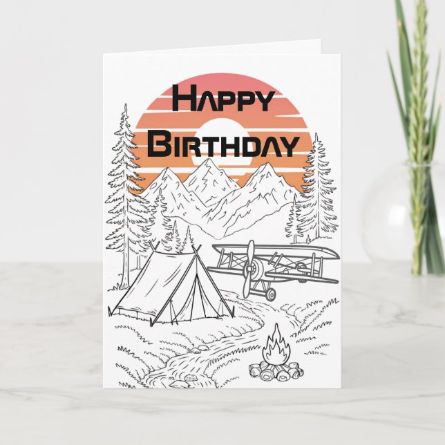Cartão Acampamento de avião, Montanhas, Sunset, Aniversár (Frente)
