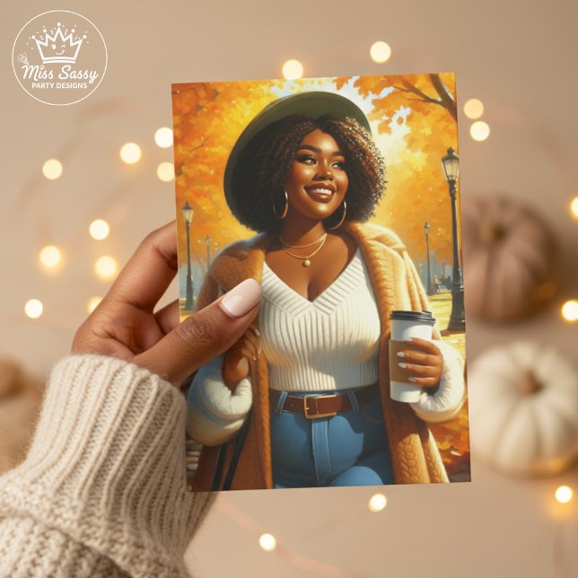 Cartão Ação de Graças da Mulher Americana Chic | Queda (Chic Black woman Thanksgiving card with cozy fall leaves, warm vibes, and thankful wishes)