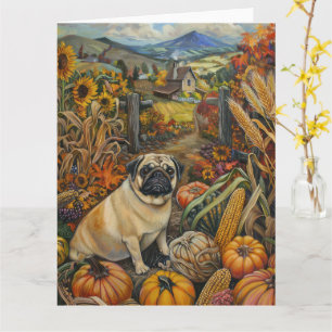 Cartão Ação de Graças de Pug Dog Autumn Harvest