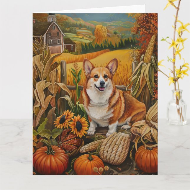 Cartão Ação de Graças do Corgi Dog Autumn Harvest (Flor Amarela)