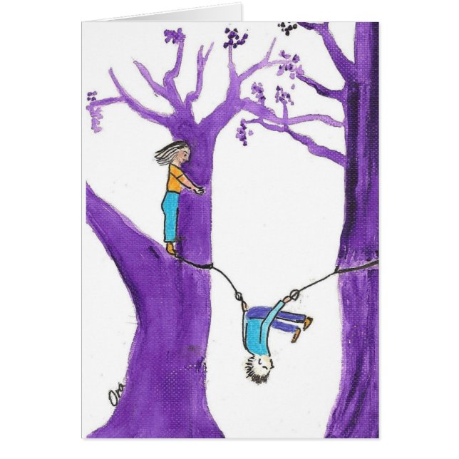 Cartão Acrobatics em duas árvores roxas (Frente)