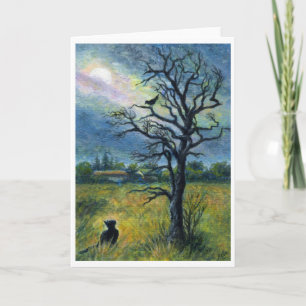 Cartão Acrylic painting, Cat, Bird, Moon & Tree Landscape