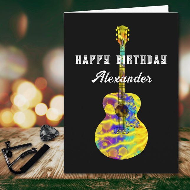 Cartão Acústica Guitarra Funky Psychedelic Art add name (Funky psychedelic acoustic guitar art personalized happy birthday greetings card guitarist musician)
