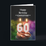 Cartão Add a name, 60th birthday card<br><div class="desc">Burning 60th birthday cake candles in the shape of numbers on top of a chocolate cupcake. Customize with the name of the birthday person. Suitable for a man or a woman. See the whole range of cards for ages and relationships in my store. All artwork copyright Norma Cornes</div>