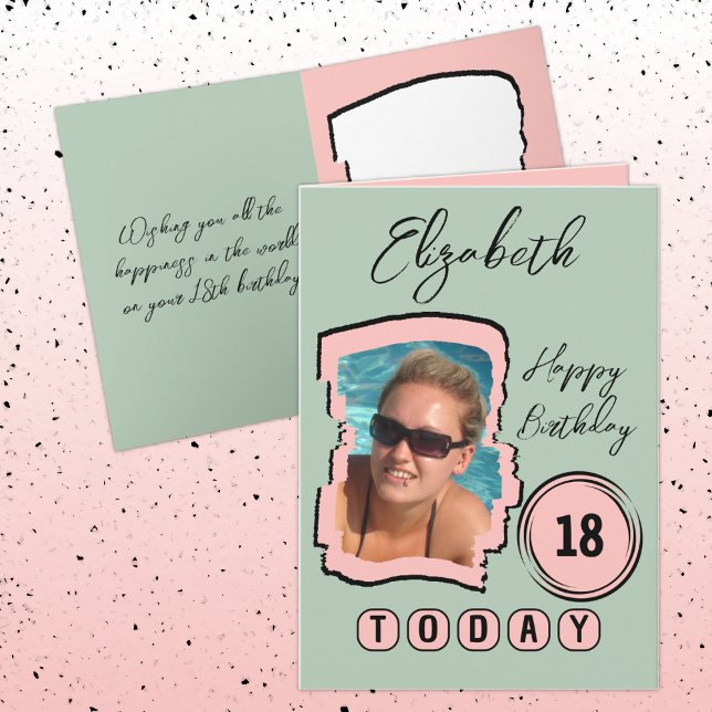 Cartão Adicionar foto de nome cor-de-rosa verde 18 anos (Criador carregado)